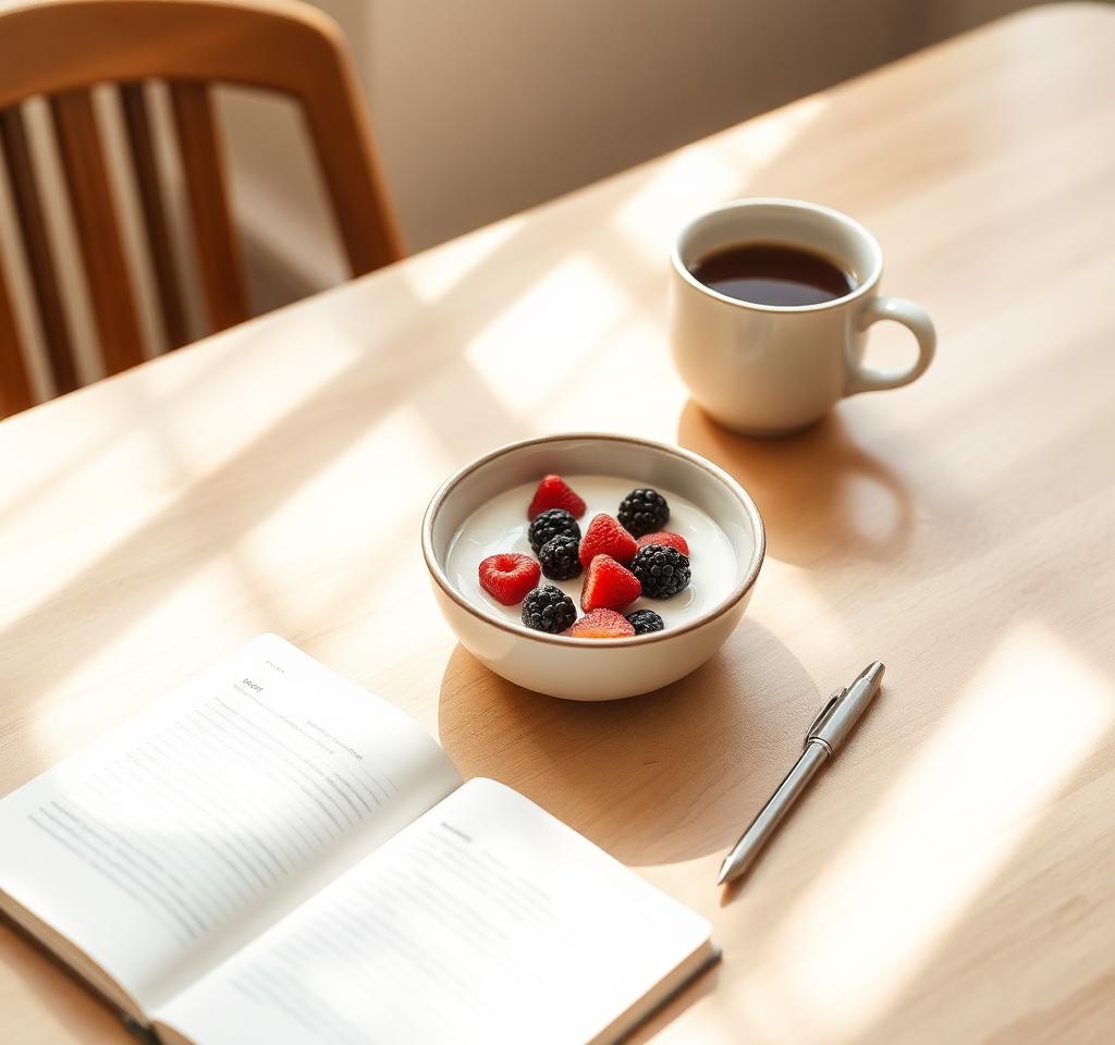 A quiet kitchen table in morning light with yogurt and berries, coffee, and an open notebook